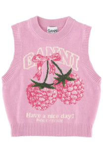 Pink ganni knit vest with embroidered cherry design green stems white lettering and phrase have a nice day please recycle