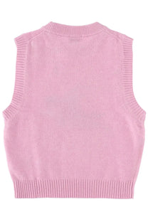 A soft pink knitted sleeveless vest with ribbed trim from Ganni womens gilet con grafica blue collection