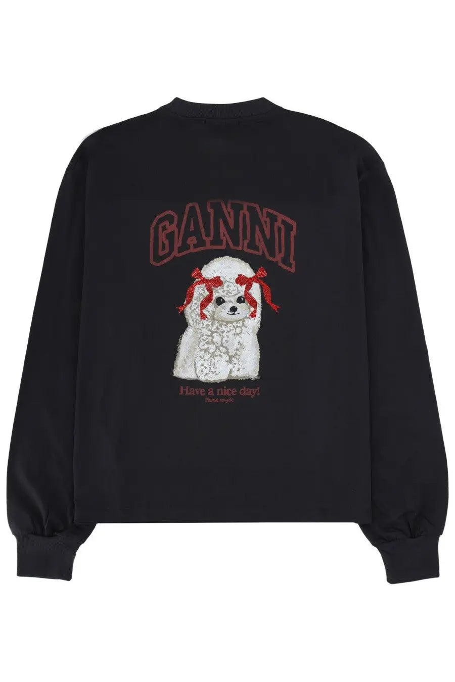 Ganni women’s black long-sleeved sweatshirt with white poodle graphic, red bows, and ganini red lettering on front