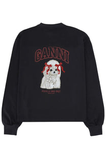 Ganni women’s black long-sleeved sweatshirt with white poodle graphic, red bows, and ganini red lettering on front