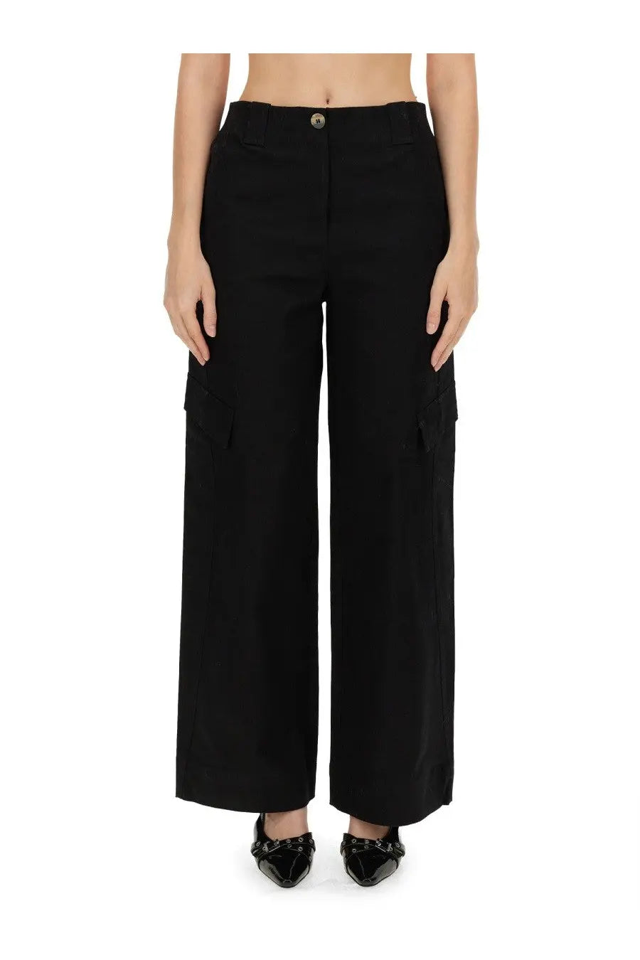 Ganni women’s black herringbone wide-leg cargo pants with side pockets and button closure visible from the front