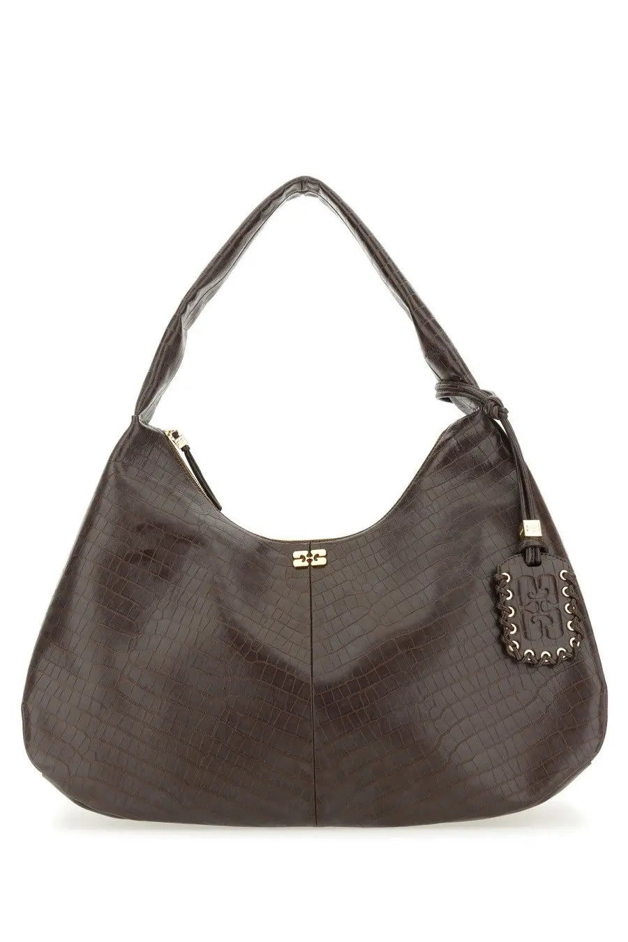 Dark brown crocodile embossed leather hobo bag with gold tone hardware and studded tag by ganni