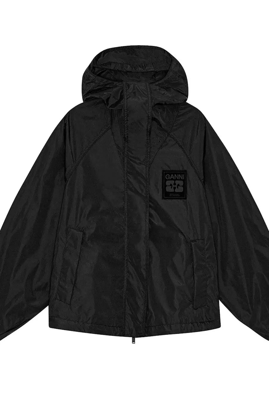 Ganni women’s black hooded jacket with matte finish zipper closure side pockets and embroidered chest patch