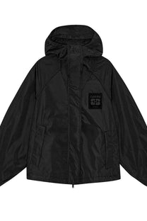 Ganni women’s black hooded jacket with matte finish zipper closure side pockets and embroidered chest patch