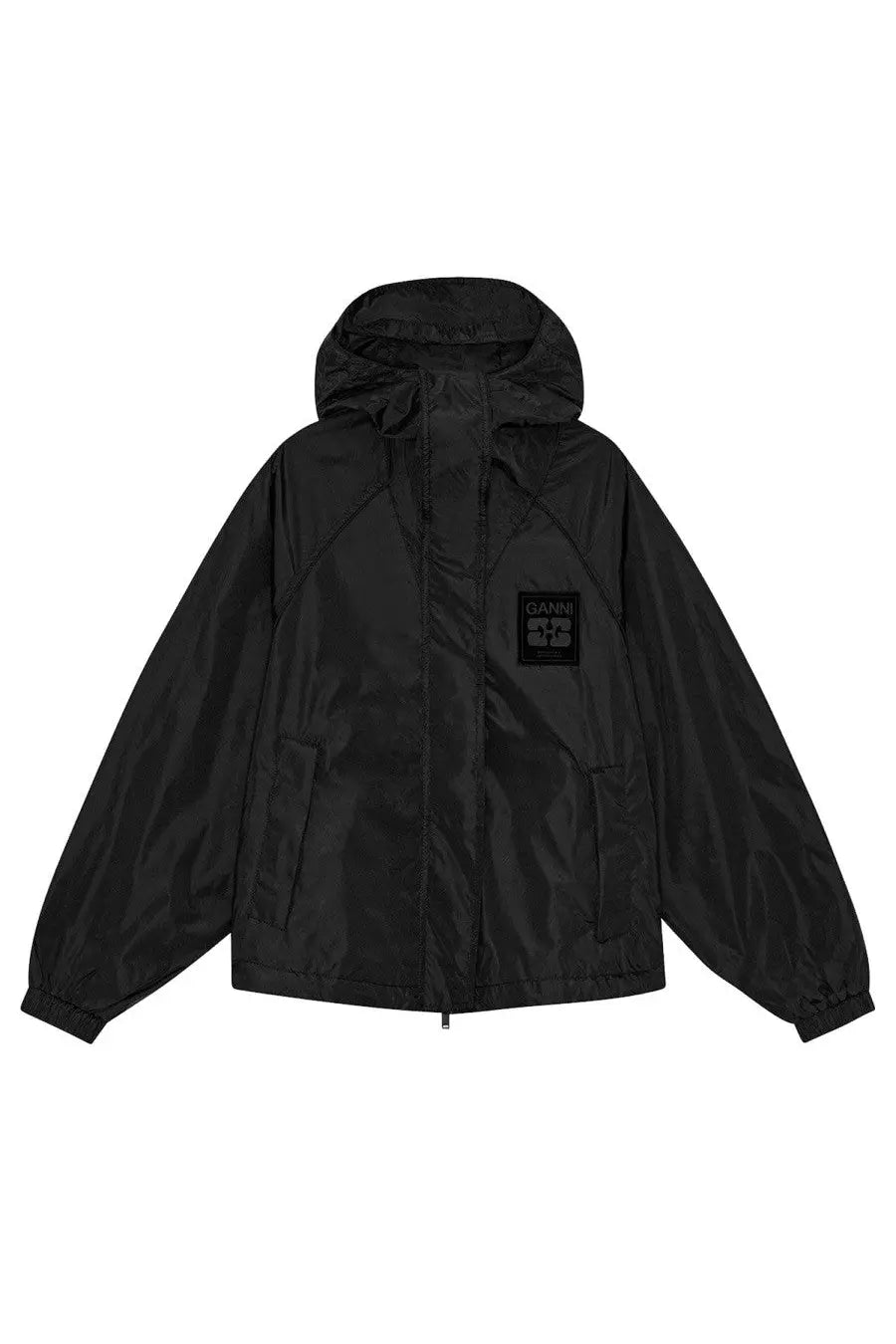 Ganni women’s black hooded windbreaker jacket with subtle sheen and branded patch on the chest