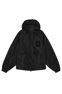 Ganni women’s black hooded windbreaker jacket with subtle sheen and branded patch on the chest
