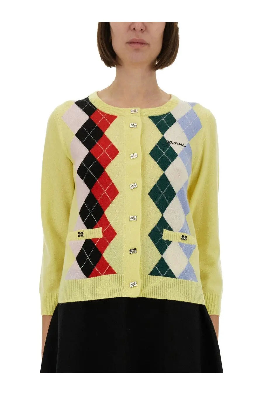 Ganni women’s jacquard cashmere cardigan in vibrant yellow with red black green and blue argyle pattern and silver buttons