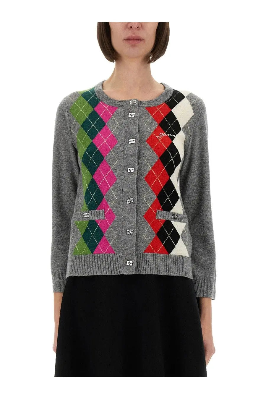 Ganni women’s purple jacquard cashmere cardigan with vibrant pink green red and black argyle panels and white diamonds