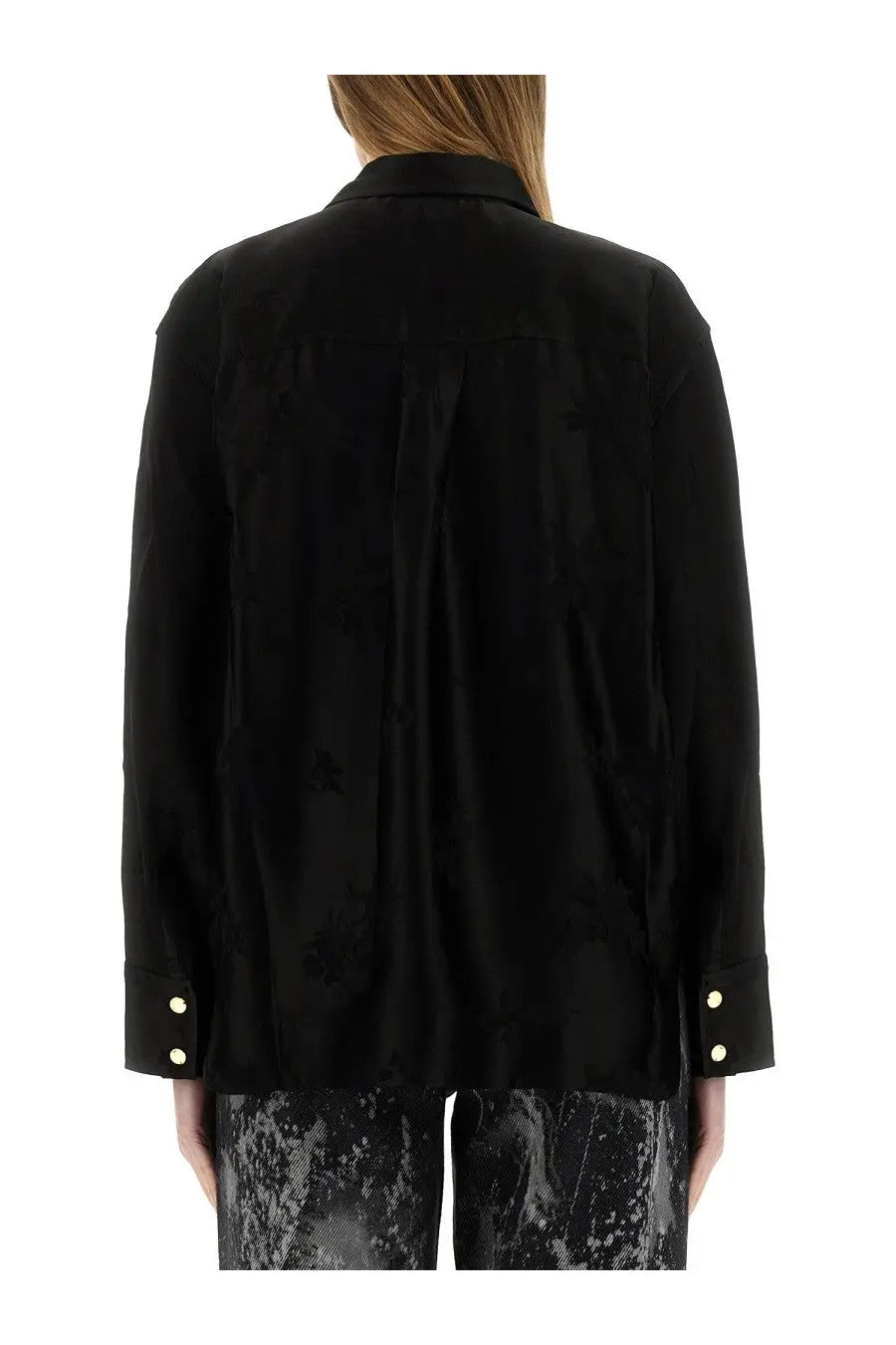 Ganni women’s black jacquard satin blazer with gold-tone button cuffs perfect for stylish formal wear