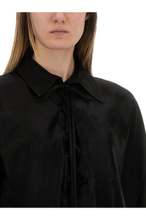 Ganni women’s black jacquard satin blouse with structured collar and front tie detail