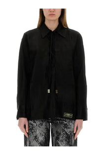 Ganni women’s jacquard satin black shirt with collar front tie detail and subtle gold logo patches on chest