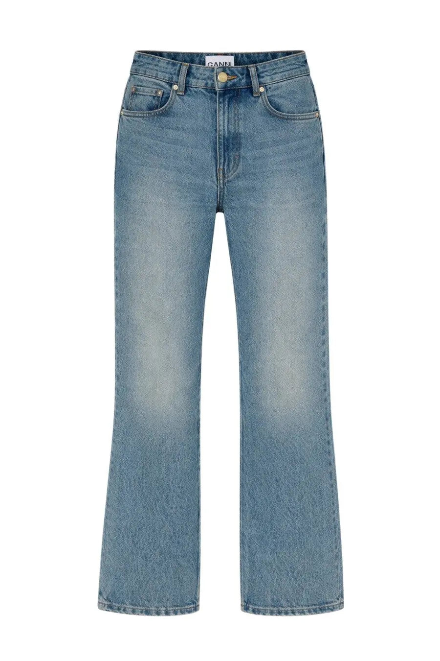 Ganni women’s jeans Betzy blue light-wash denim straight-leg jeans with five-pocket design and white waistband label