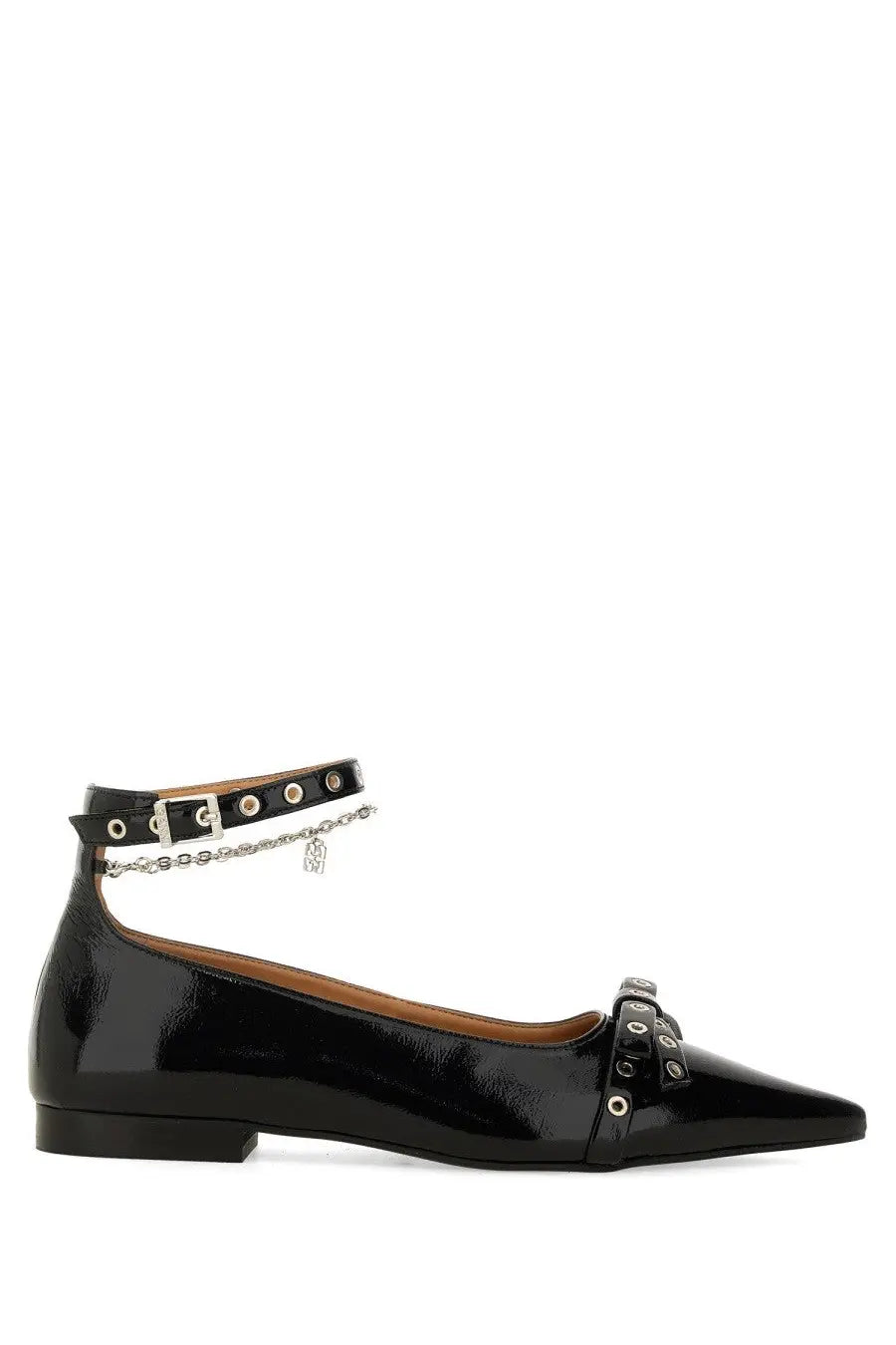 Ganni women’s jewel ballerina black patent leather flat shoe with pointed toe ankle strap and silver chain hardware