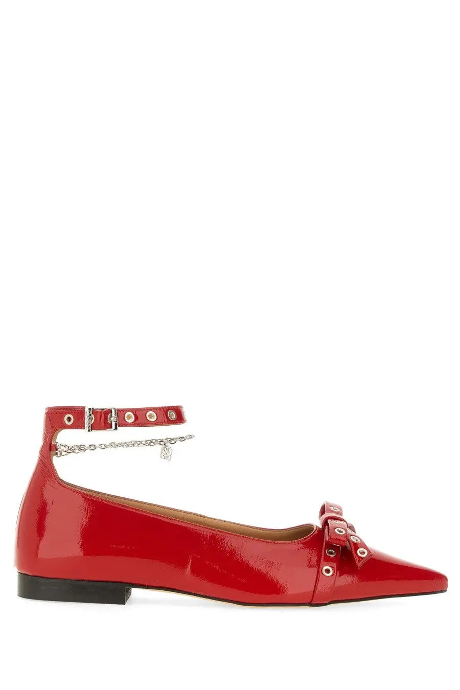 Ganni women’s jewel ballerina red flat shoe in patent leather with pointed toe ankle strap and silver chain charm