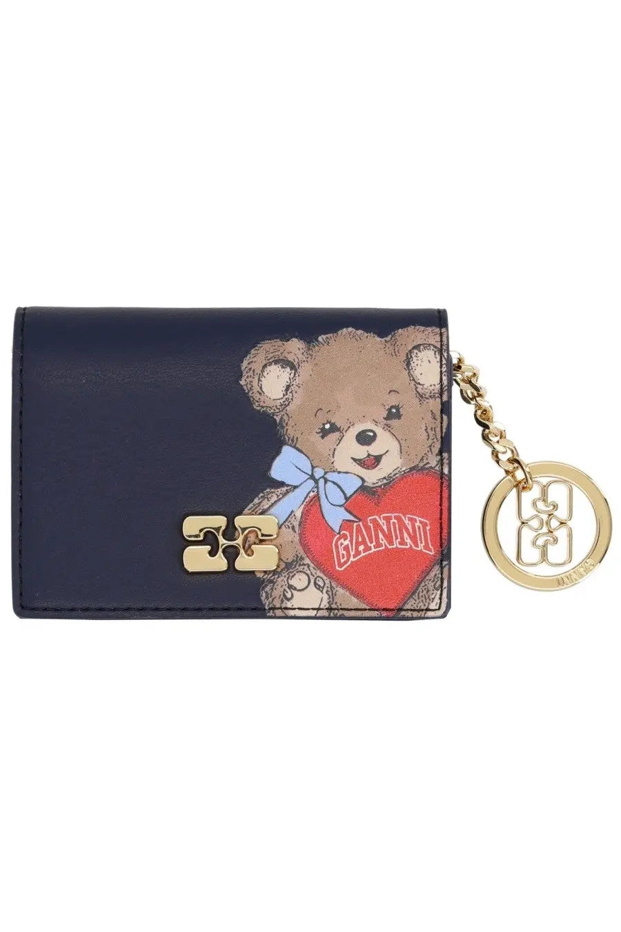 Ganni women’s navy blue joy bear card holder featuring a cartoon bear with red heart and gold-tone hardware