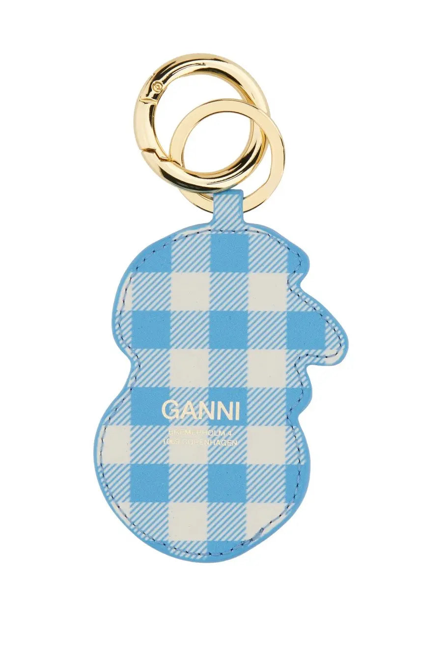 Ganni women’s keychain apple multicolor with blue and white checkered fabric and gold-tone metal rings