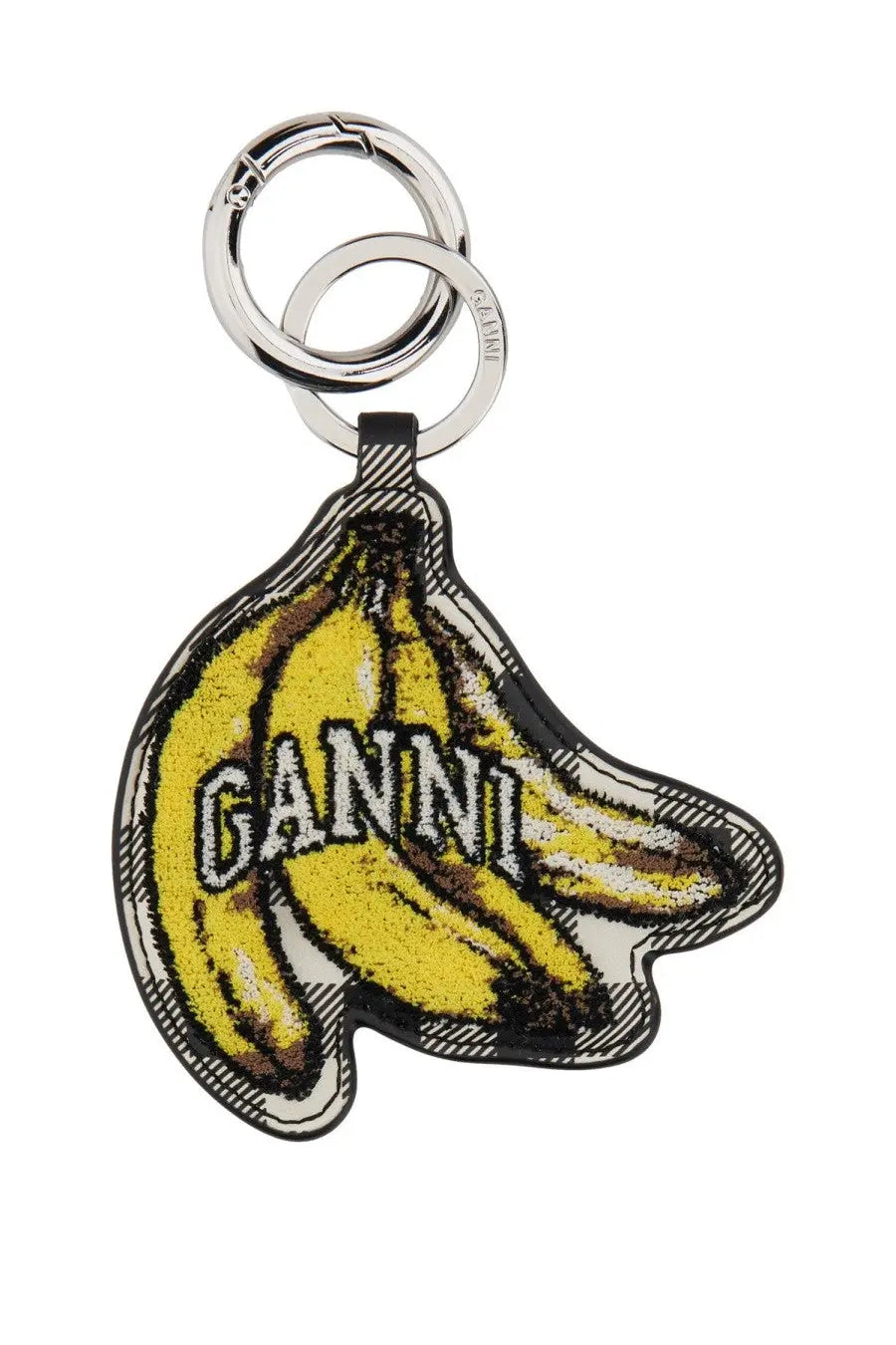 Ganni women’s keychain banana black yellow banana shaped with embroidered logo and silver metal ring attached