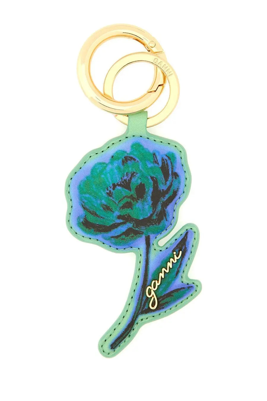 Ganni women’s keychain flower green with vibrant blue and green floral design and gold-tone metal ring featuring logo