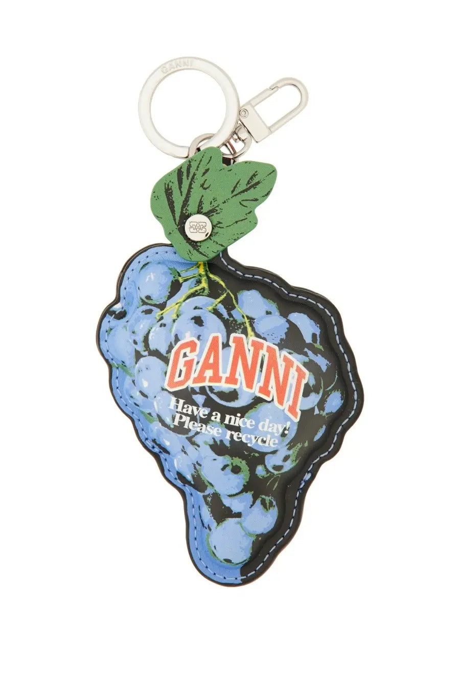 Ganni women’s blue leather keychain shaped like a grape with green leaf accent and branded detailing