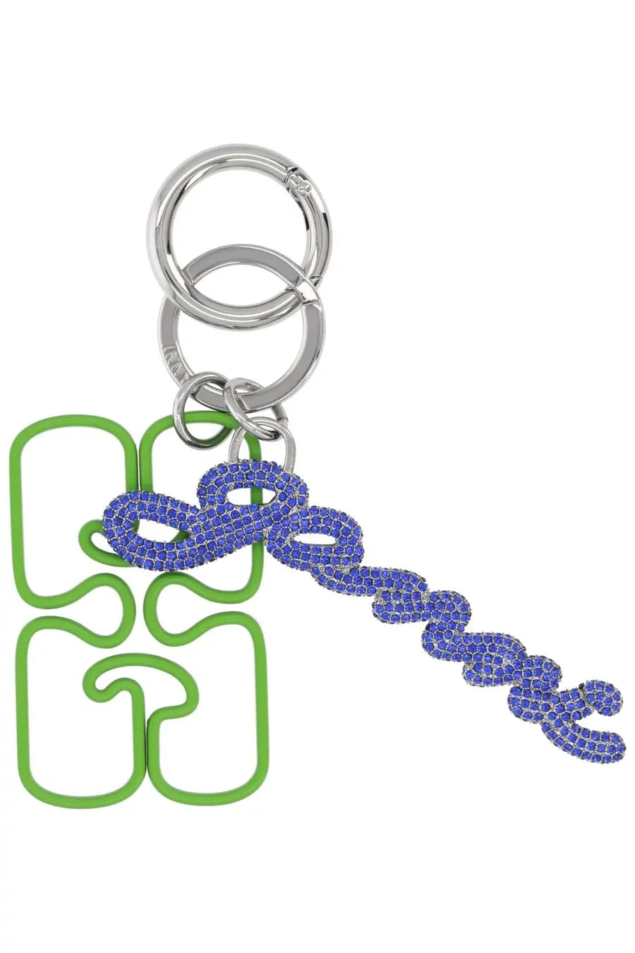 A vibrant green and blue crystal-encrusted Ganni women’s keychain with a bold abstract infinity logo design