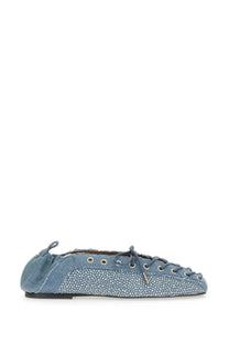 Ganni women’s lace up ballerina flat shoe in blue denim with speckled pattern and lace-up design