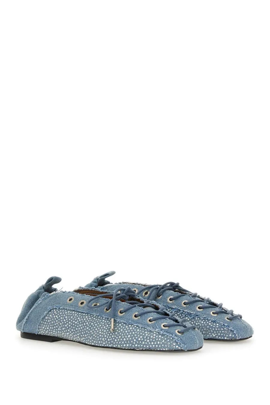 Ganni women’s lace up ballerina blue denim flat shoes with lace up design and subtle white dot pattern