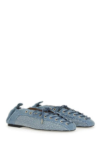Ganni women’s lace up ballerina blue denim flat shoes with lace up design and subtle white dot pattern