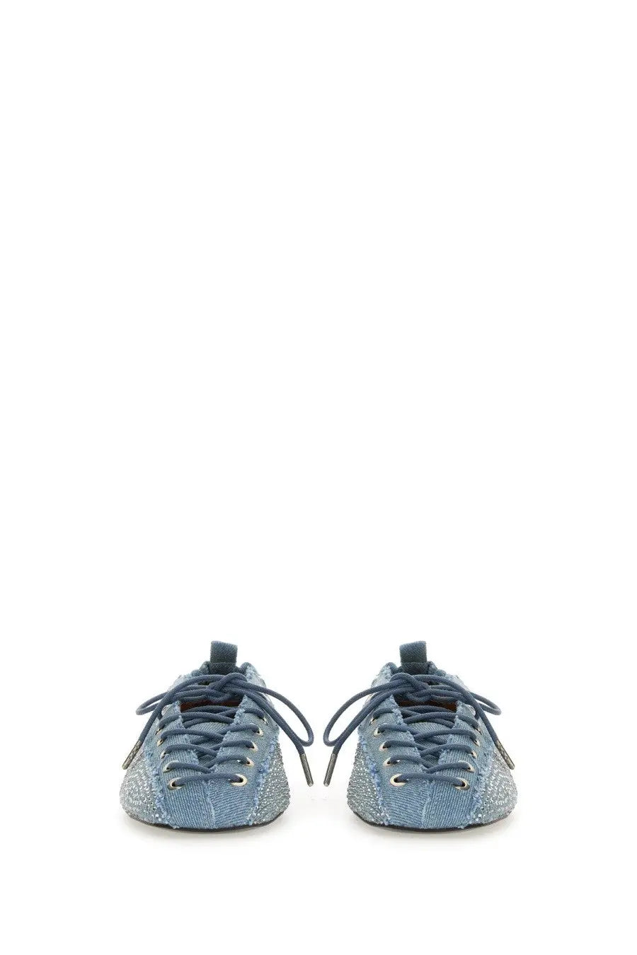 Ganni women’s lace up ballerina blue denim sneakers with glittery accents and dark blue laces