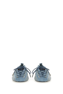Ganni women’s lace up ballerina blue denim sneakers with glittery accents and dark blue laces