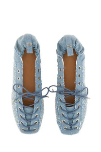 Ganni women’s lace up ballerina flats in light blue denim with lace-up detailing and subtle distressed texture