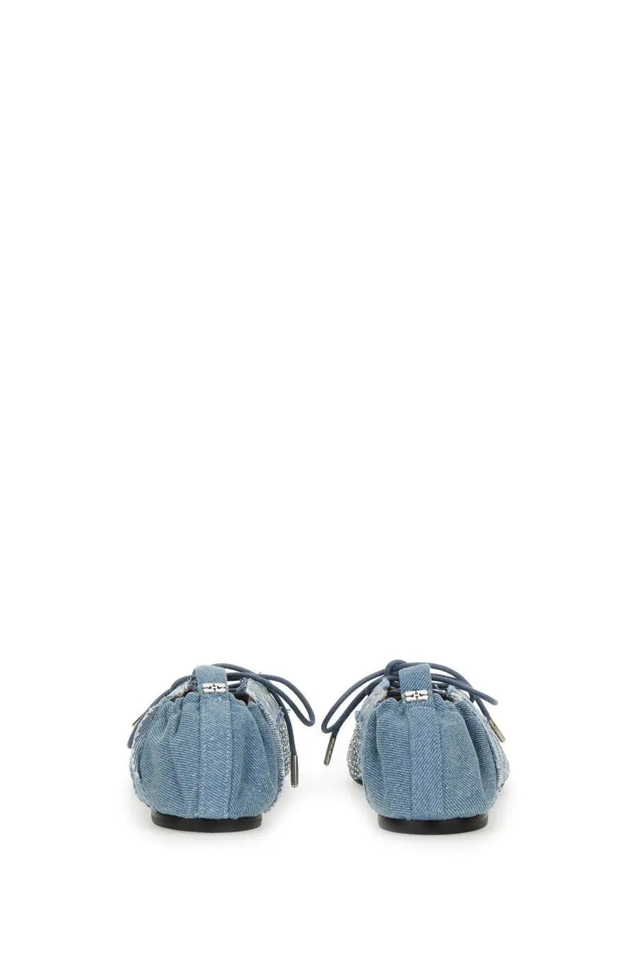 Ganni women’s lace up ballerina flats in light blue denim with frayed lace detailing and subtle textured pattern