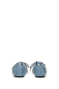 Ganni women’s lace up ballerina flats in light blue denim with frayed lace detailing and subtle textured pattern