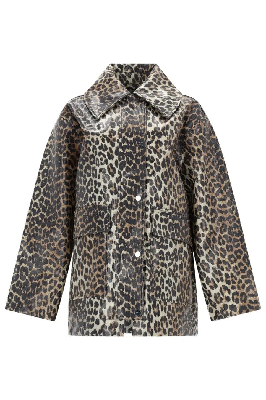 Ganni women’s laminated animal jacket with leopard print trench coat style and glossy faux-leather finish with buttons