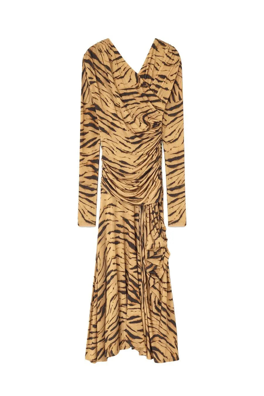 Ganni women’s long flowing midi dress in tan and black tiger stripe pattern with ruched bodice detailing