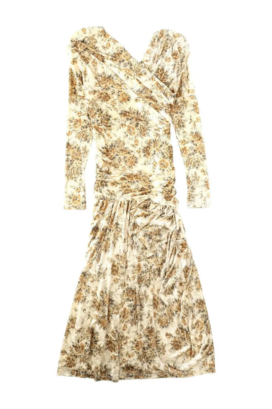 Ganni women’s long cream-colored dress with brown floral pattern ruched waist and long sleeves