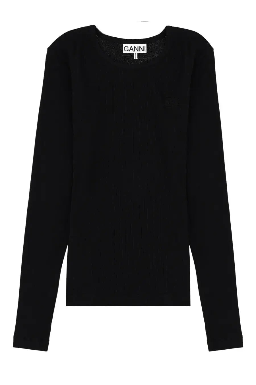 Black ganni women’s long sleeve top with minimalist design and simple silhouette in soft fabric