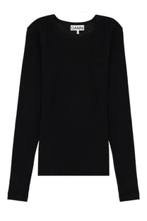 Black ganni women’s long sleeve top with minimalist design in grey long-sleeved fabric for casual wear