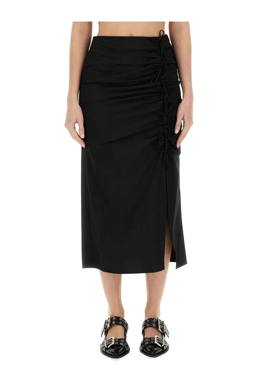 Ganni women’s longuette skirt black with ruched midi length, side slit, and lace-up waist detail