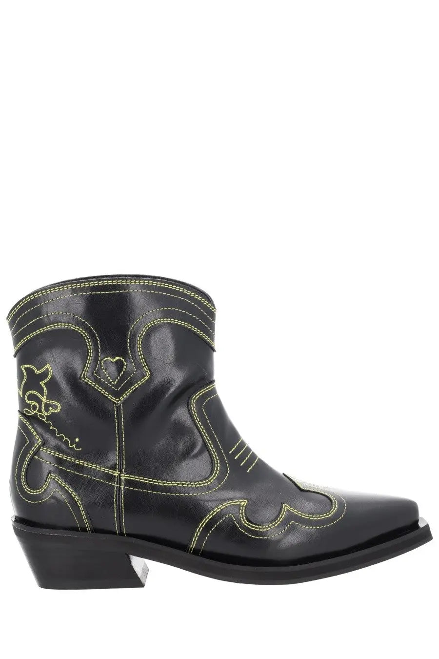 Ganni women’s low shaft black leather cowboy boot with neon yellow stitching and heart-shaped side design