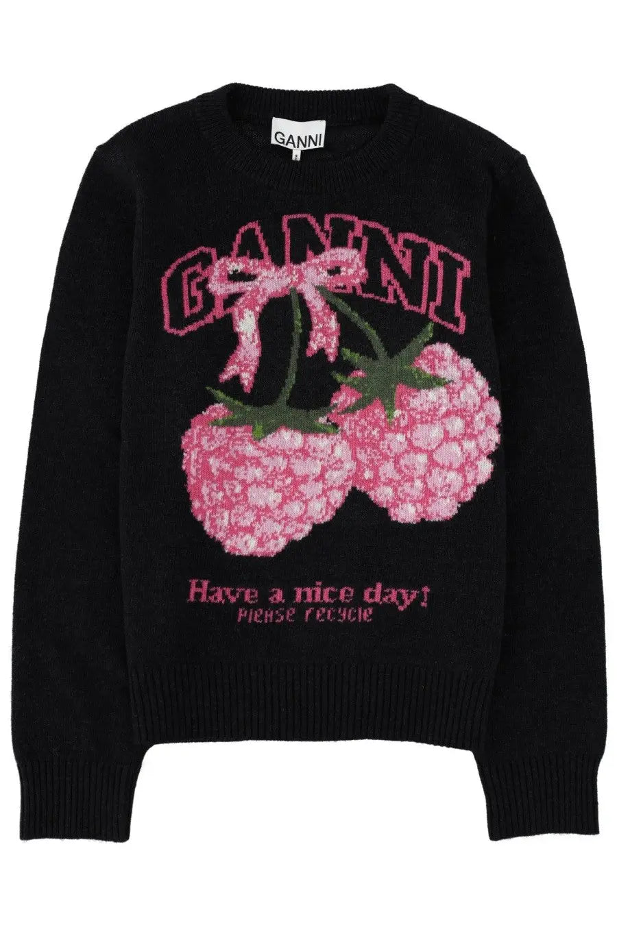 Ganni women’s black sweater with bold pink and green embroidered raspberry graphic and brand name arched above