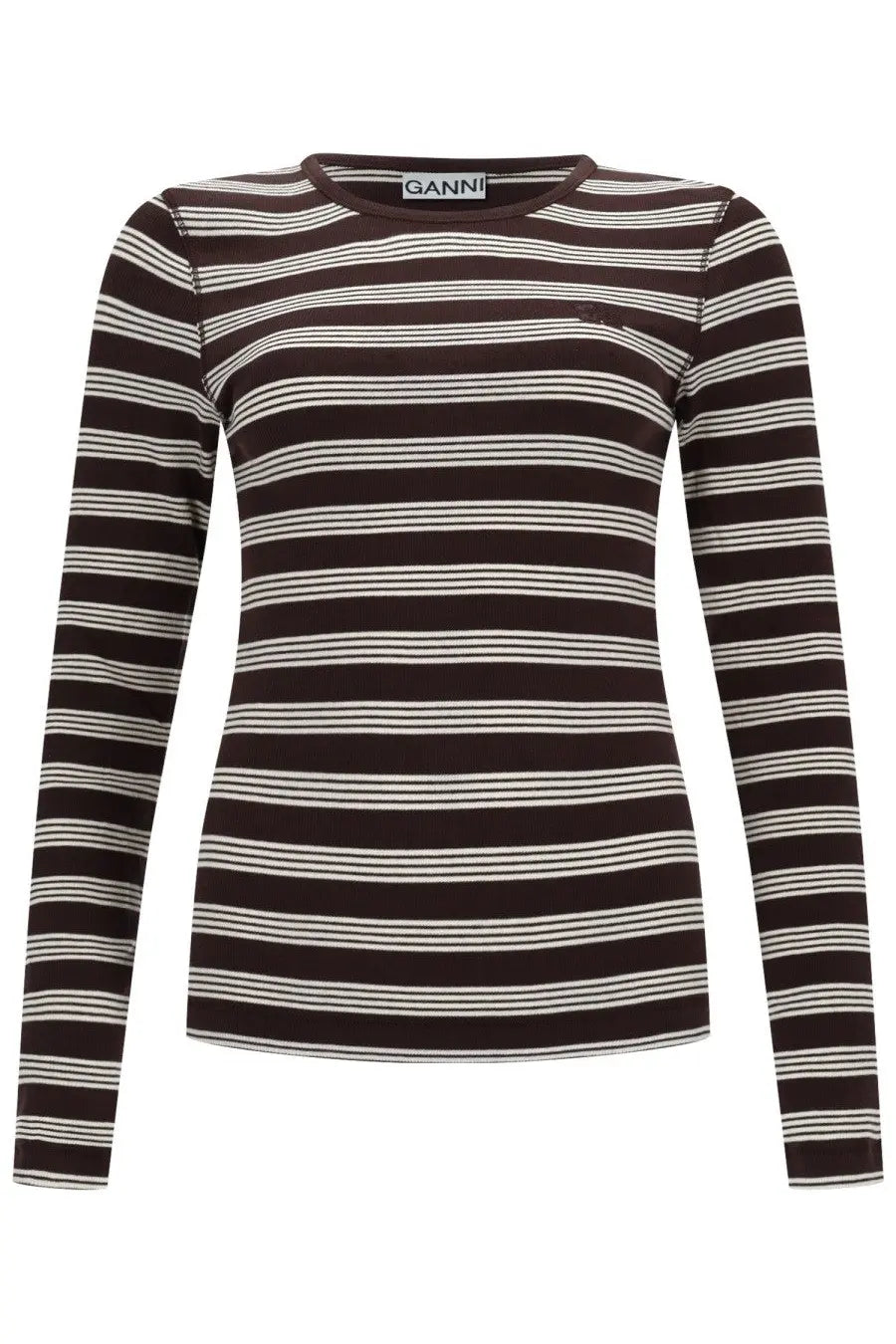 Ganni women’s brown and white horizontally striped long-sleeved top in breathable maglia fabric for casual wear
