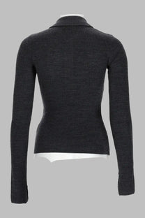 Dark gray ribbed knit sweater with tailored fit and subtle texture from ganni womens maglia polo rombi grey collection