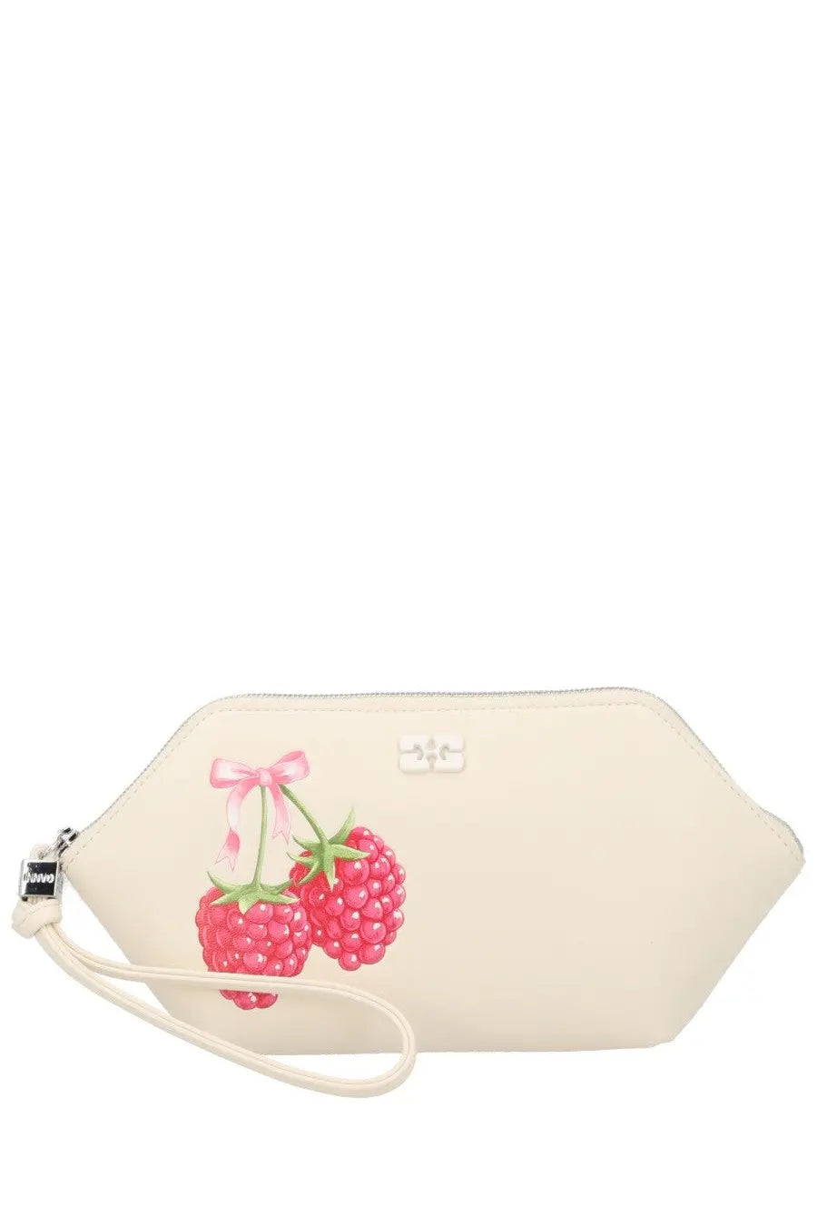 Cream-colored Ganni women’s clutch with playful raspberry illustration and pink ribbon accent for makeup storage