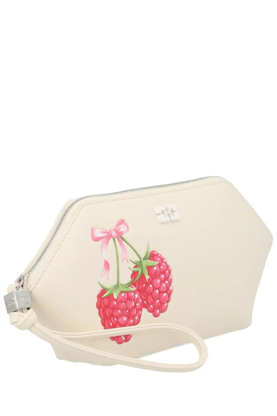 Cream-colored leather clutch with playful pink raspberry illustration and matching ribbon from Ganni makeup collection