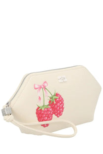 Cream-colored leather clutch with playful pink raspberry illustration and matching ribbon from Ganni makeup collection