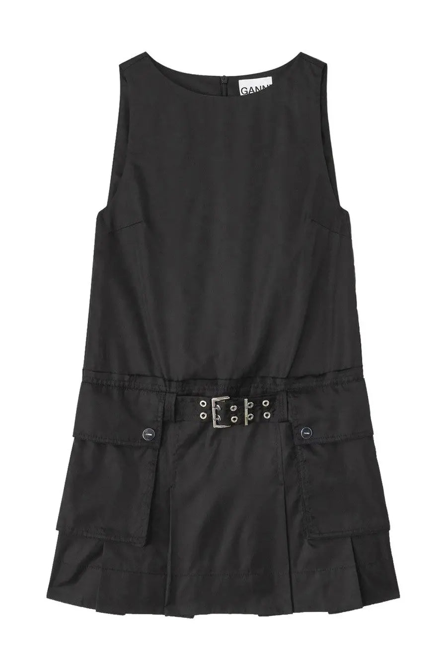 Ganni women’s black sleeveless mini dress with silver-toned belt buckle and pleated skirt detail