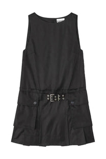 Ganni women’s black sleeveless mini dress with silver-toned belt buckle and pleated skirt detail