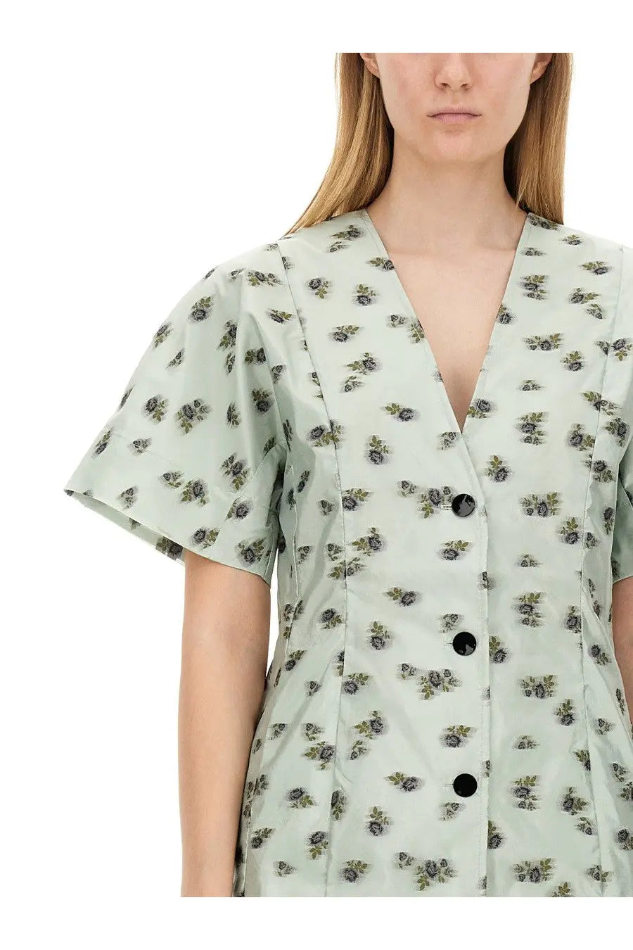 Ganni women’s mini dress green with delicate black floral pattern light fabric short puffed sleeves v-neckline front buttons