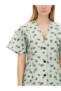 Ganni women’s mini dress green with delicate black floral pattern light fabric short puffed sleeves v-neckline front buttons