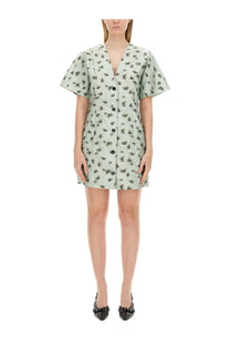 Ganni womens mini dress green with black floral pattern short flutter sleeves and button front design